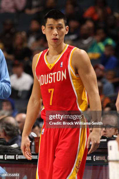 Jeremy Lin of the Houston Rockets during the game against the Charlotte Bobcats at the Time Warner Cable Arena on March 24, 2014 in Charlotte, North...