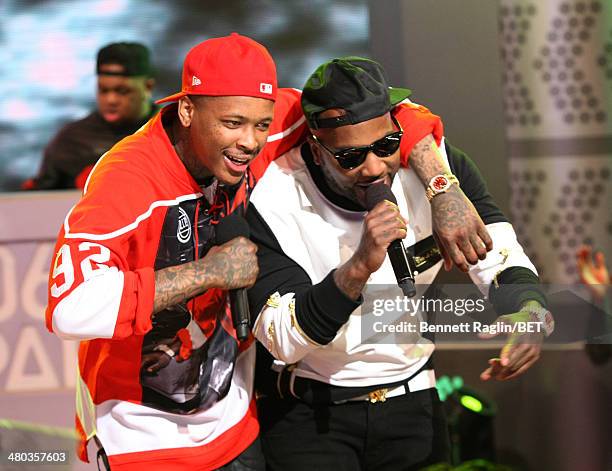 Recording artist YG and Jeezy perform during 106 & Park at BET studio on March 24, 2014 in New York City.