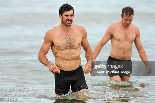 Quinten Lynch looks on during a Collingwood Magpies AFL recovery session at St Kilda Sea Baths on March 25, 2014 in Melbourne, Australia.