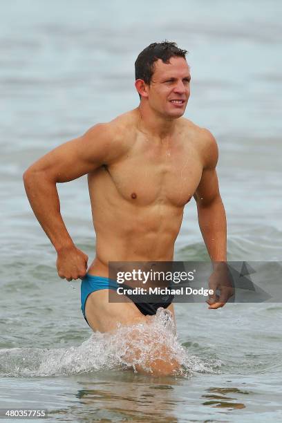 Luke Ball looks ahead during a Collingwood Magpies AFL recovery session at St Kilda Sea Baths on March 25, 2014 in Melbourne, Australia.