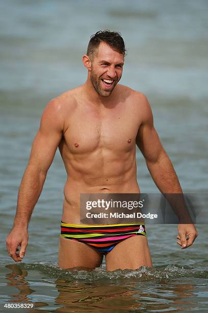 Travis Cloke reacts during a Collingwood Magpies AFL recovery session at St Kilda Sea Baths on March 25, 2014 in Melbourne, Australia.