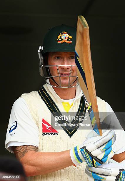 Michael Clarke of Australia walks out to bat during day four of the 1st Investec Ashes Test match between England and Australia at SWALEC Stadium on...