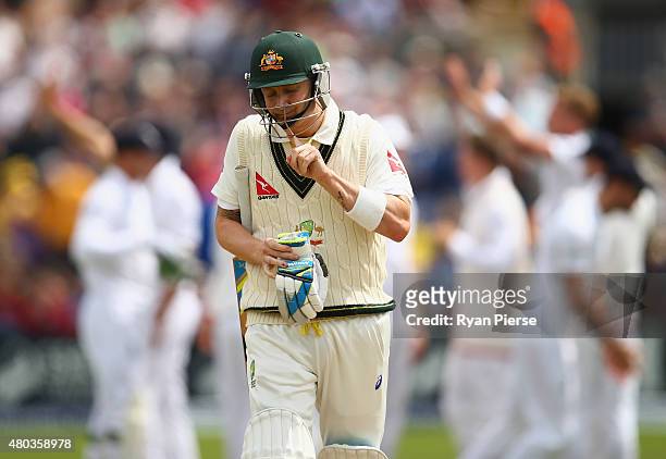 Michael Clarke of Australia looks dejected after being dismissed by Stuart Broad of England during day four of the 1st Investec Ashes Test match...