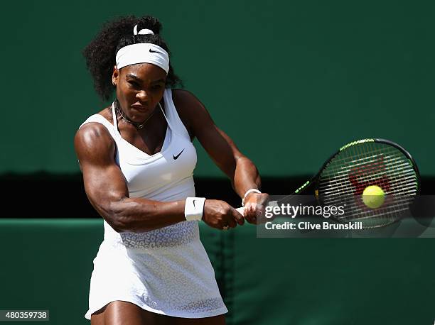 Serena Williams of the United States plays a backhand in the Final Of The Ladies' Singles against Garbine Muguruza of Spain during day twelve of the...