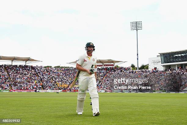 Brad Haddin of Australia looks dejected after being dismissed by Moeen Ali of England during day four of the 1st Investec Ashes Test match between...