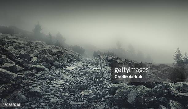 misty carretera en las montañas - boulder rock fotografías e imágenes de stock