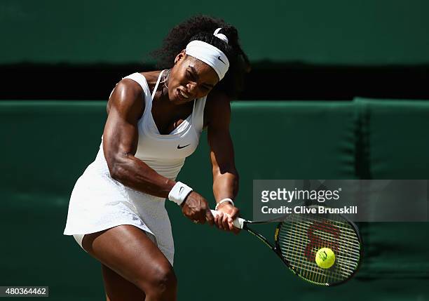 Serena Williams of the United States plays a backhand in the Final Of The Ladies' Singles against Garbine Muguruza of Spain during day twelve of the...