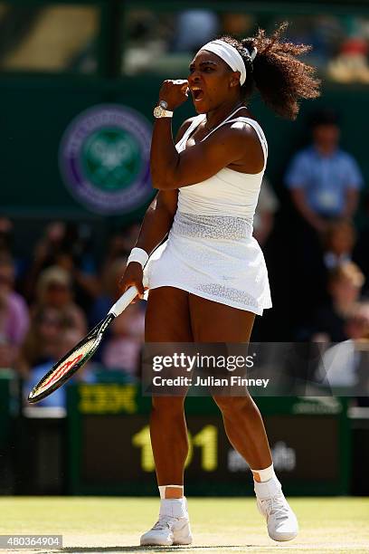 Serena Williams of the United States celebrates winning a point in the Final Of The Ladies' Singles against Garbine Muguruza of Spain during day...