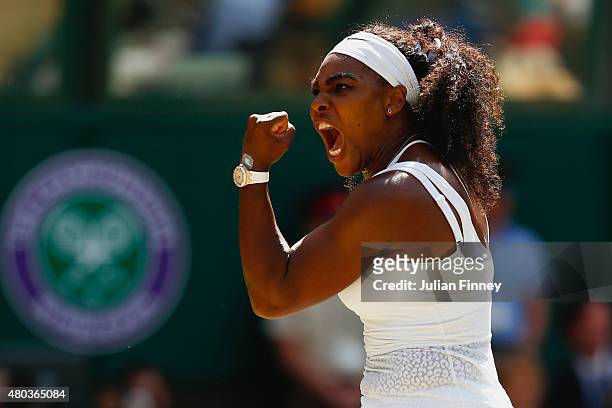 Serena Williams of the United States celebrates winning a point in the Final Of The Ladies' Singles against Garbine Muguruza of Spain during day...