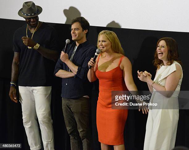 Lebron James, Bill Hader, Amy Schumer and Vanessa Bayer at Montrose Stadium 12 for the screening of "Trainwreck" on July 10, 2015 in Akron, Ohio.