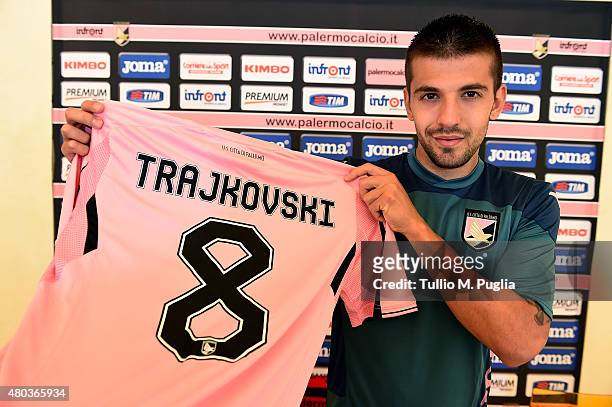 Aleksandar Trajkovski poses during his presentation as new player of US Citta di Palermo after a Palermo training session on July 11, 2015 in...