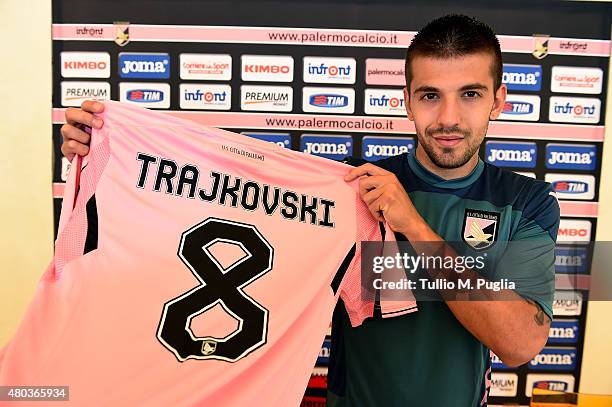 Aleksandar Trajkovski poses during his presentation as new player of US Citta di Palermo after a Palermo training session on July 11, 2015 in...