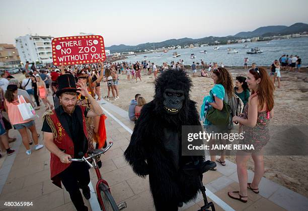 Man disguised as a gorilla performs after sunset near Cafe del Mar in San Antonio de Portmany, on Ibiza Island on July 10, 2015. AFP PHOTO/ JAIME...