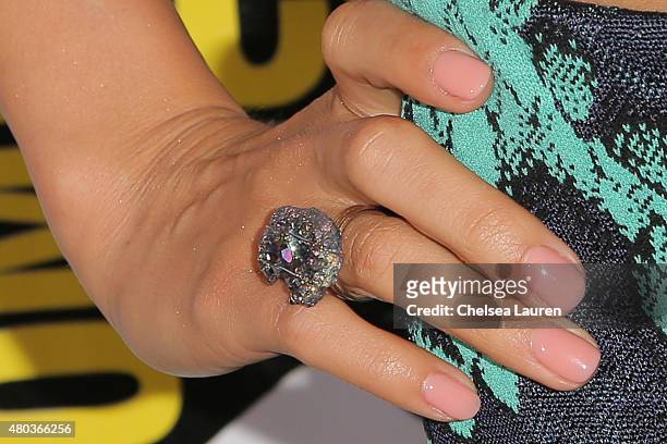 Actress Lindsey Morgan, nail and ring detail, attends the 'The 100' press room during day 2 of Comic-Con International on July 10, 2015 in San Diego,...