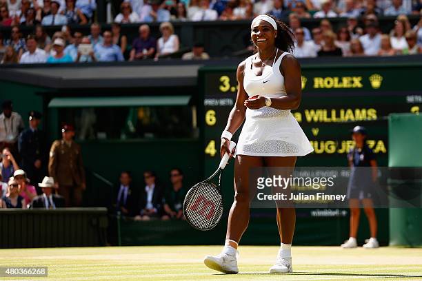 Serena Williams of the United States celebrates after winning the Final Of The Ladies' Singles against Garbine Muguruza of Spain during day twelve of...