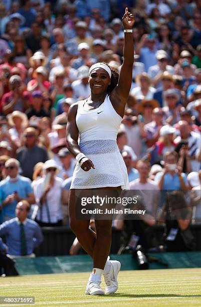 Serena Williams of the United States celebrates after winning the Final Of The Ladies' Singles against Garbine Muguruza of Spain during day twelve of...