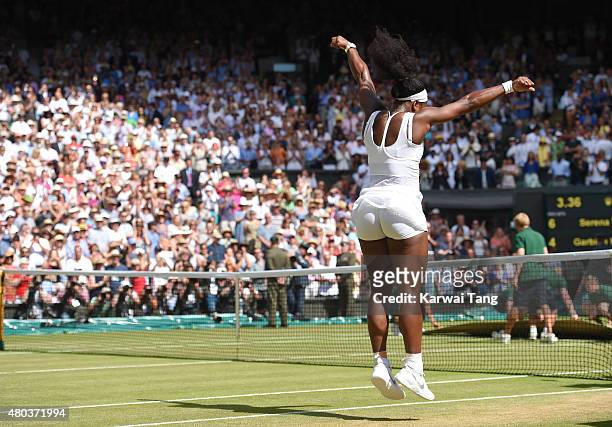 Serena Williams celebrates after her victory in the Final Of The Ladies' Singles against Garbine Muguruza of Spain during day twelve of the Wimbledon...