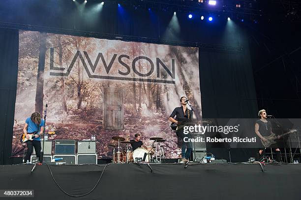 Joel Peat, Adam Pitts, Andy Brown and Ryan Fletcher of Lawson perform on Main stage during T in The Park Day 2 at Strathallan Castle on July 11, 2015...