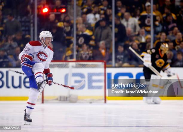 Alex Galchenyuk of the Montreal Canadiens celebrates his game-winning goal in a shootout against the Boston Bruins during the game at TD Garden on...