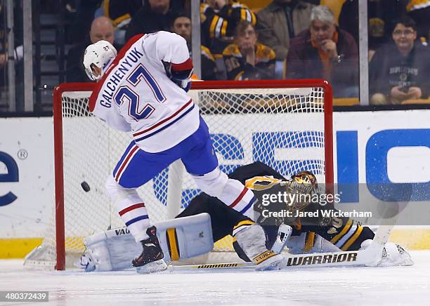 Alex Galchenyuk of the Montreal Canadiens scores the game-winning goal in a shootout past Tuukka Rask of the Boston Bruins during the game at TD...