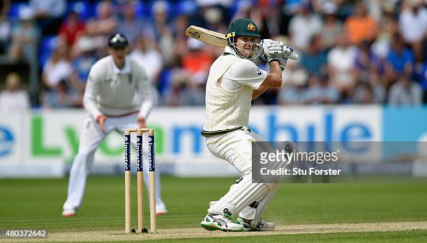 Australia batsman Shane Watson hits out during day four of the 1st Investec Ashes Test match between England and Australia at SWALEC Stadium on July...