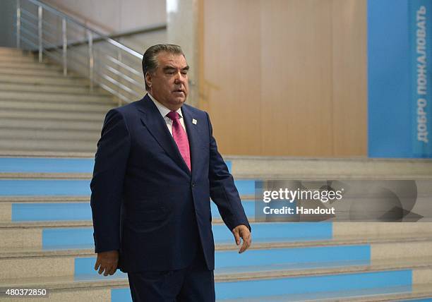 President of the Republic of Tajikistan Emomali Rahmon prior to his meeting with President of the Russian Federation Vladimir Putin during the...