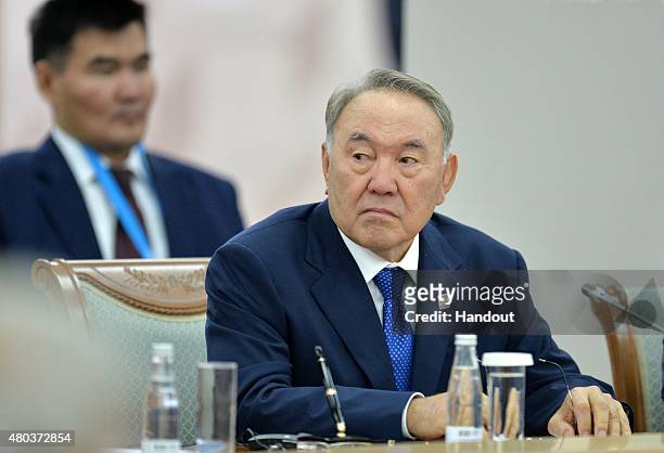 President of Kazakhstan Nursultan Nazarbayev at an expanded meeting of the SCO Heads of State Council. During the BRICS/SCO Summits - Russia 2015 on...