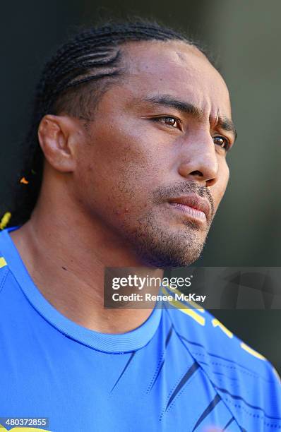 Fuifui Moimoi talks to the media during a Parramatta Eels NRL recovery session at Pirtek Stadium on March 25, 2014 in Sydney, Australia.