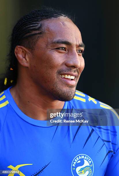 Fuifui Moimoi talks to the media during a Parramatta Eels NRL recovery session at Pirtek Stadium on March 25, 2014 in Sydney, Australia.