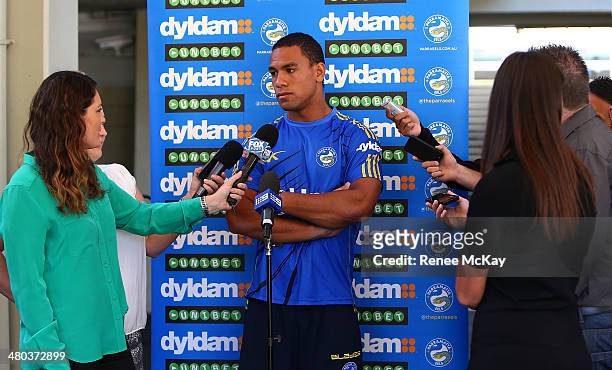 Will Hopoate talks to the media during a Parramatta Eels NRL recovery session at Pirtek Stadium on March 25, 2014 in Sydney, Australia.