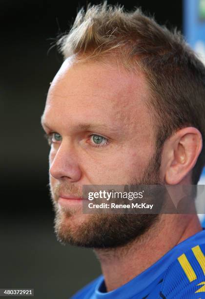 David Gower talks to the media during a Parramatta Eels NRL recovery session at Pirtek Stadium on March 25, 2014 in Sydney, Australia.