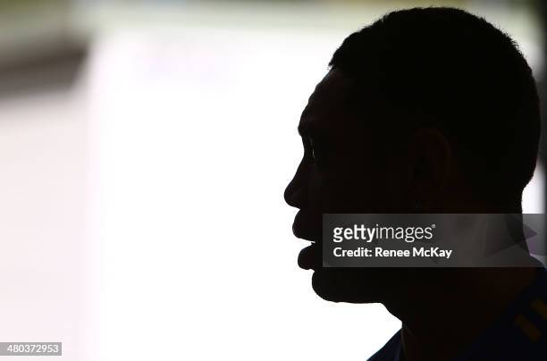 Willie Tonga talks to the media during a Parramatta Eels NRL recovery session at Pirtek Stadium on March 25, 2014 in Sydney, Australia.