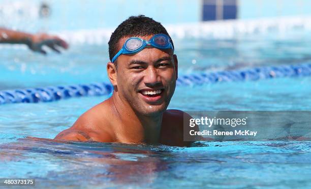 Taniela Lasalo warms up during a Parramatta Eels NRL recovery session at Pirtek Stadium on March 25, 2014 in Sydney, Australia.