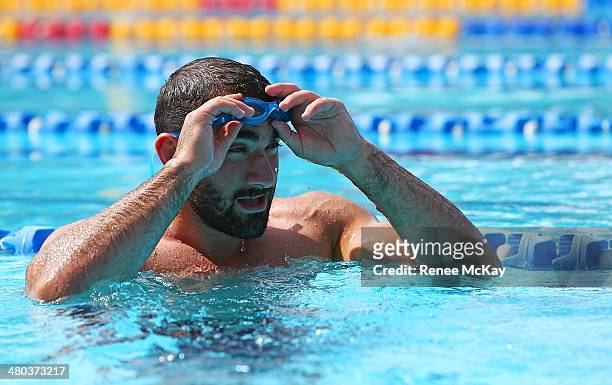 Tim Mannah takes off his goggles during a Parramatta Eels NRL recovery session at Pirtek Stadium on March 25, 2014 in Sydney, Australia.