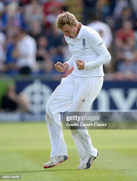 Joe Root of England celebrates dismissing Mitchell Johnson of Australia during day four of the 1st Investec Ashes Test match between England and...