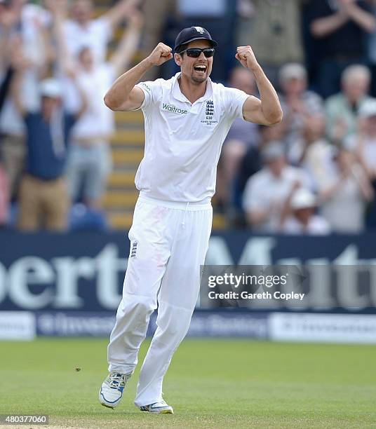 England captain Alastair Cook celebrates winning the 1st Investec Ashes Test match between England and Australia at SWALEC Stadium on July 11, 2015...