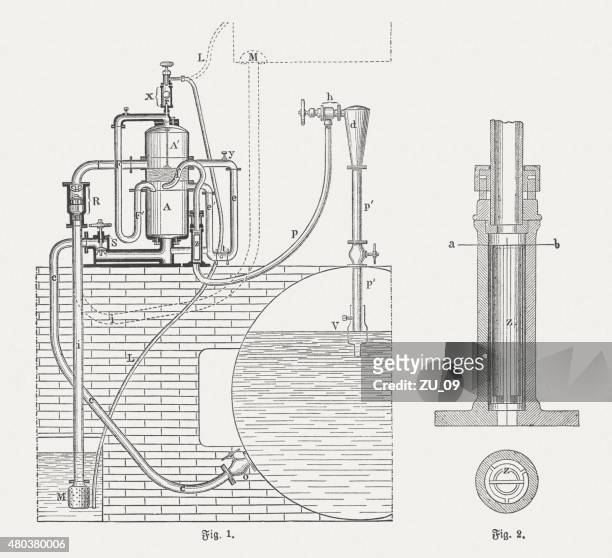 dampfbad heizkessel, veröffentlichte im 1880 - air valve stock-grafiken, -clipart, -cartoons und -symbole