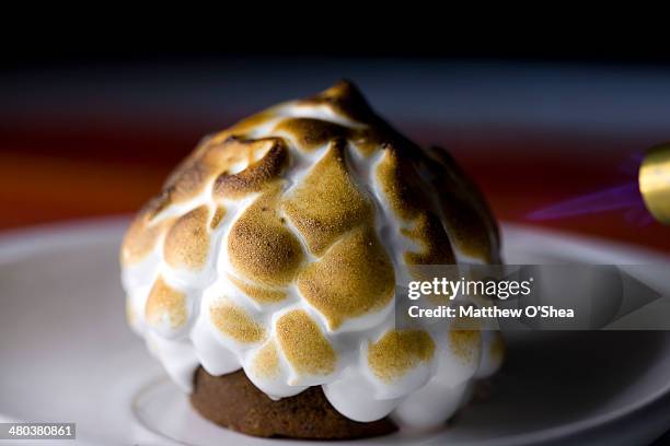 burning the meringue on baked alaska - baked alaska stock pictures, royalty-free photos & images