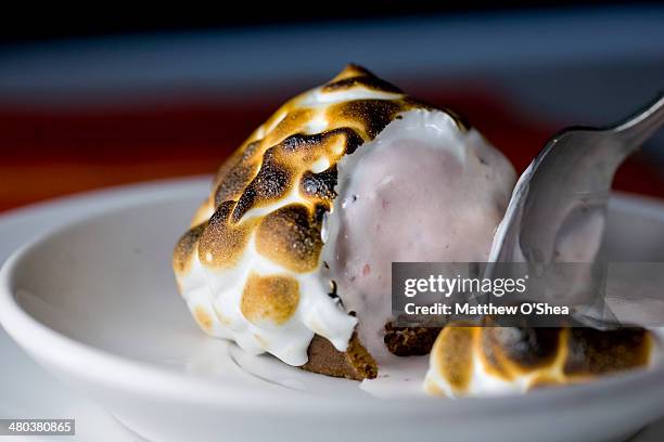 baked alaska with chocolate cake and strawberry ic - baked alaska stock-fotos und bilder