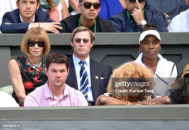 Anna Wintour, Shelby Bryan and Venus Williams attend day 12 of the Wimbledon Tennis Championships at Wimbledon on July 11, 2015 in London, England.