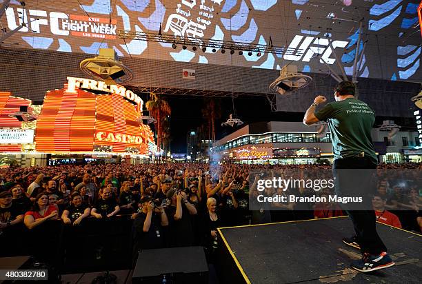 Forrest Griffin pumps up the crowd before the Dropkick Murphys come on stage to perform during UFC International Fight Week Free Concert at the...