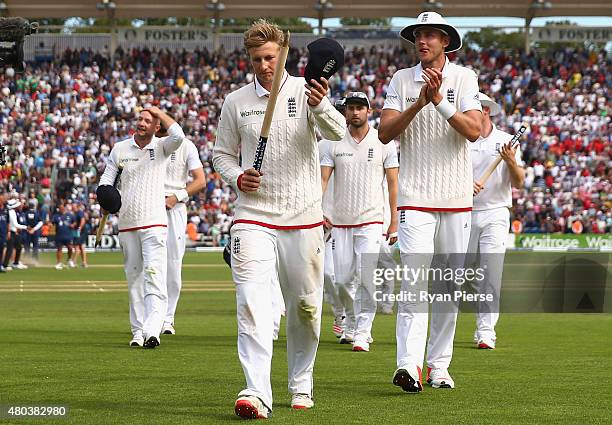 Joe Root and Stuart Broad of England walk from the ground after day four of the 1st Investec Ashes Test match between England and Australia at SWALEC...