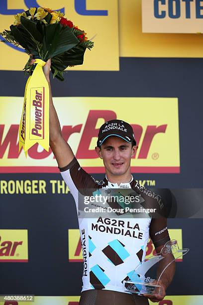 Alexis Vuillermoz of France and AG2R La Mondial Team celebrates his victory during stage eight of the 2015 Tour de France, a 181.5km stage between...
