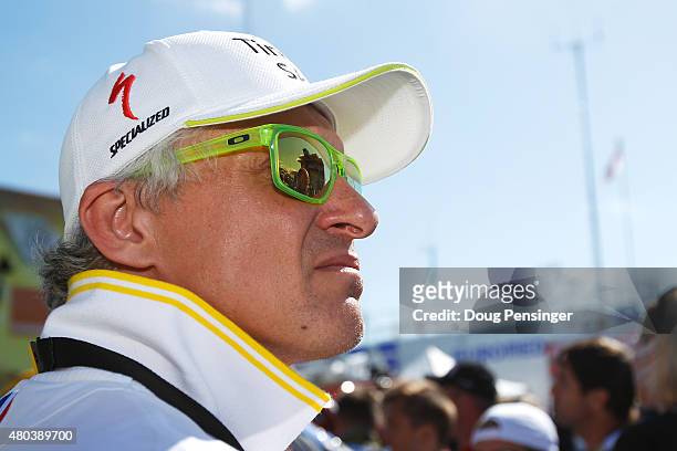 Oleg Tinkov of Tinkov-Saxo looks on during stage eight of the 2015 Tour de France, a 181.5km stage between Rennes and Mur de Bretagne on July 11,...