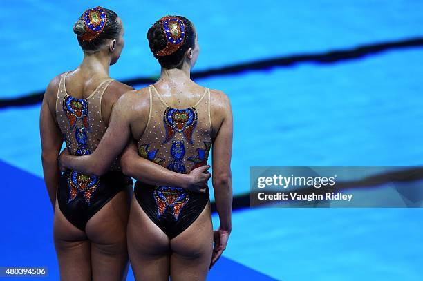 Mariya Koroleva and Alison Williams of the USA win Bronze in the Synchronized Swimming Duet Free Final during the Toronto 2015 Pan Am Games at the...