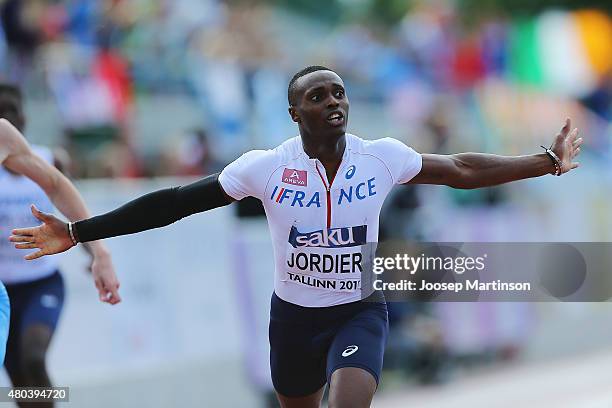 Thomas Jordier of France celebrates winning the Men's 400m on day three of the European Athletics U23 Championships at Kadriorg Stadium on July 9,...