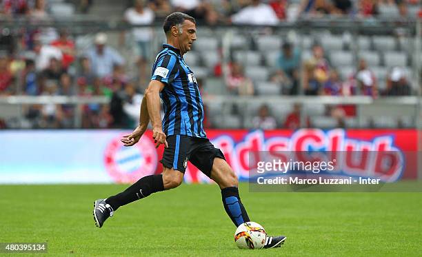 Giuseppe Bergomi of Inter Forever kicks a ball during the friendly match between FCB AllStars and Inter Forever at Allianz Arena on on July 11, 2015...