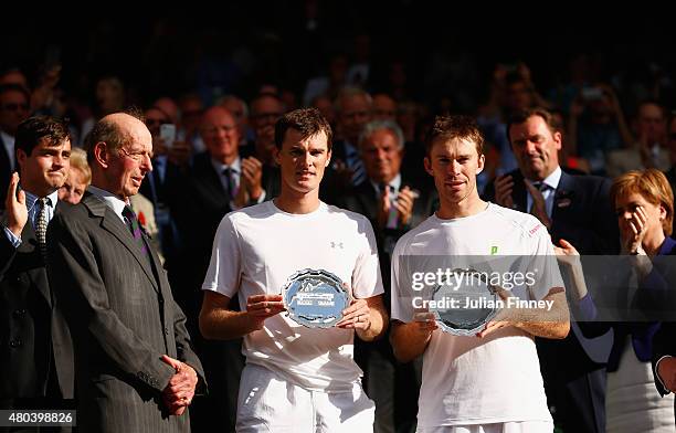 John Peers of Australia and Jamie Murray of Great Britain hold the runner-up plates with Prince Edward, Duke of Kent after losing in the Final Of The...