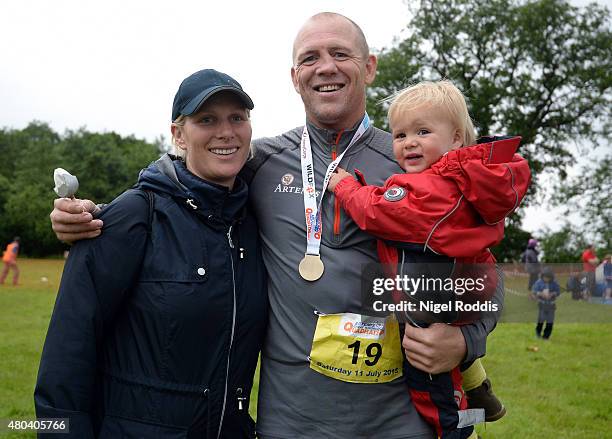 Zara Phillips and daughter Mia Tindall pose for a photograph after husband Ex England rugby star Mike Tindall finished the grueling Artemis Great...