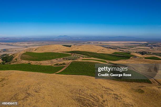 Prime farm and vineyard land sit at the edge of the San Francisco Bay as viewed from the air on June 22 near Petaluma, California. Growth has become...